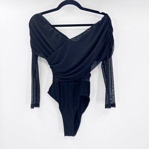 Anthropologie Black Draped Bodysuit with Sheer Sleeves